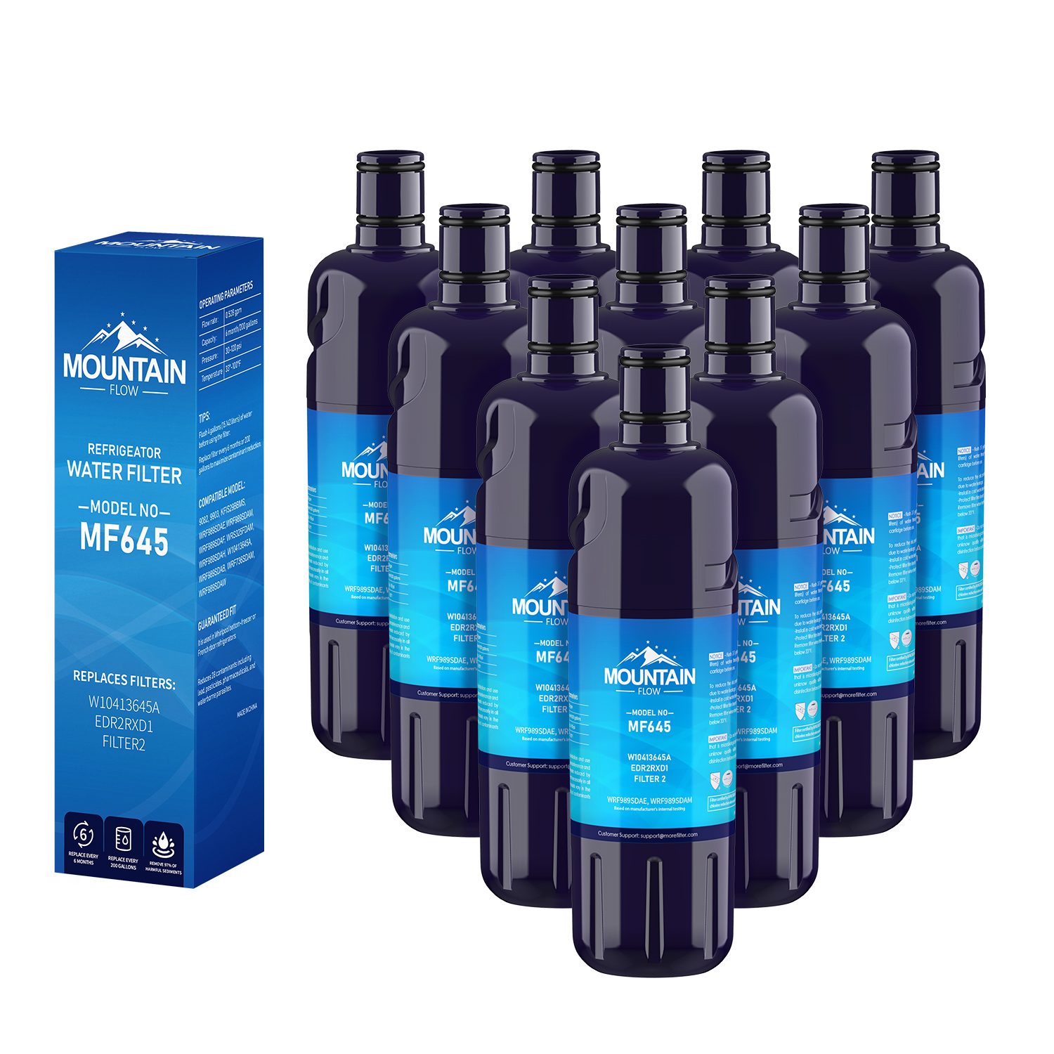 W10413645A Filter 2 Compatible EDR2RXD1, P6RFWB2 Refrigerator Water Filter, by MountainFlow, 10Packs