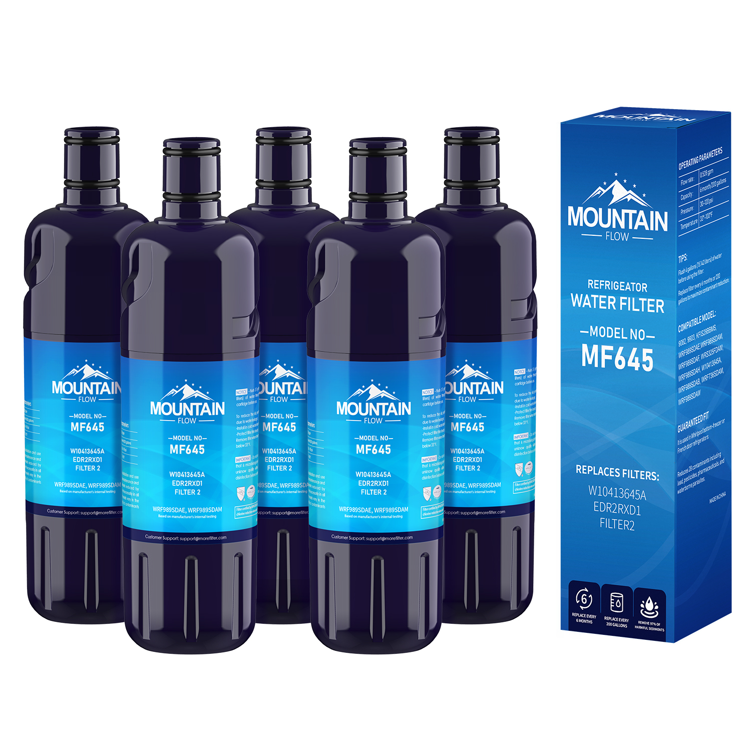W10413645A Filter 2 Replacement EDR2RXD1, KAD2RXD1, WHR2RXD1 Water Filter, by MountainFlow, 5Packs