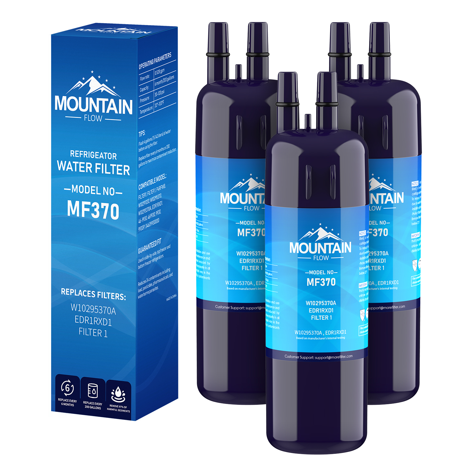 W10295370A Filter 1 Compatible EDR1RXD1, WHR1RXD1 Fridge Water Filter, by MountainFlow, 3Packs