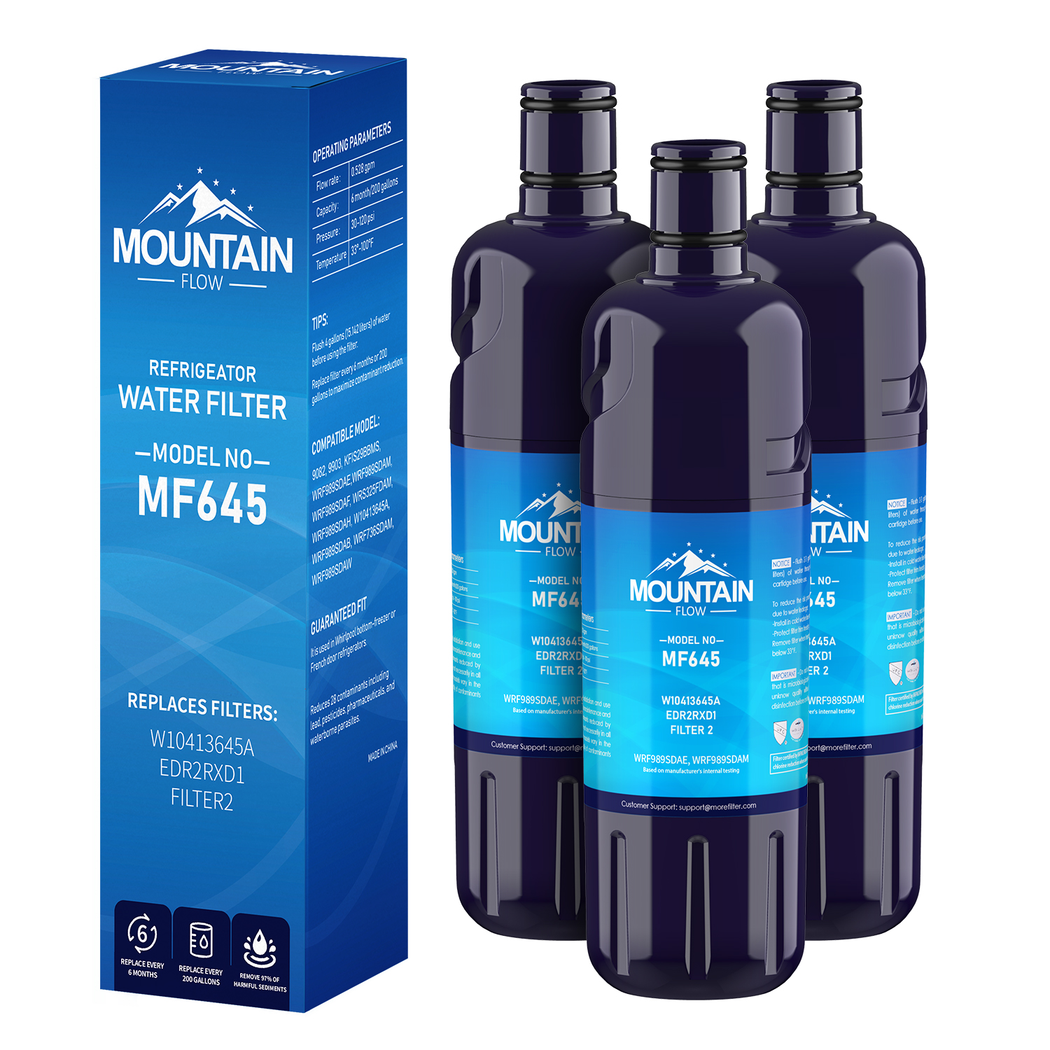 W10413645A Water Filter Compatible EDR2RXD1, kAD2RXD1, WHR2RXD1 Filter 2, by MountainFlow, 3Packs