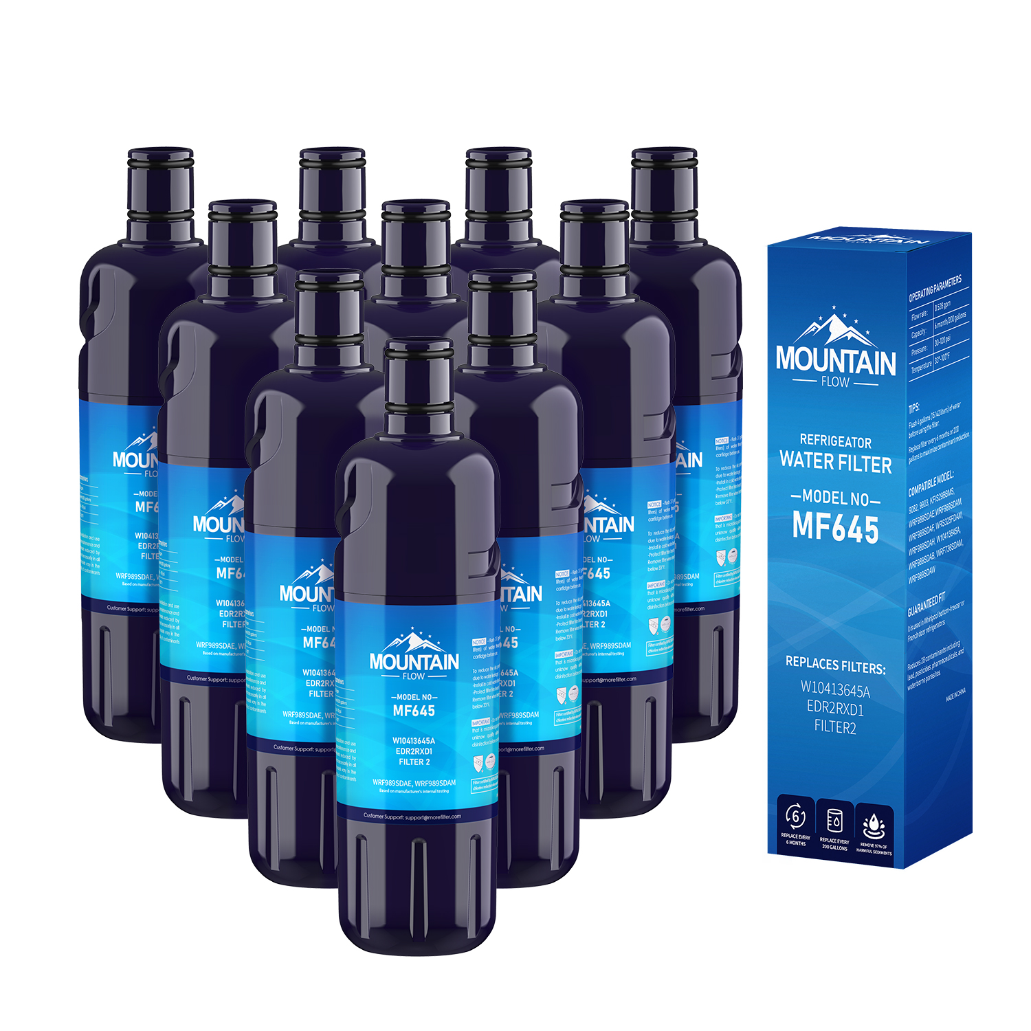 W10413645A, W10413645 Water Filter Compatible EDR2RXD1, 9903 Water Filter, by MountainFlow, 10Packs